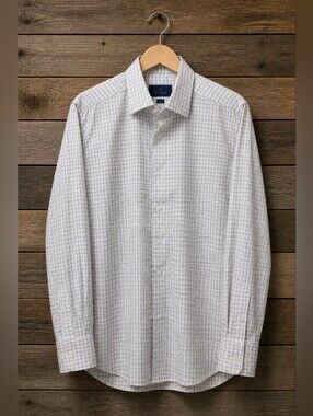 David Donahue White Dress Shirt with Blue & Maroon Windowpane Sz 16.5 34/35